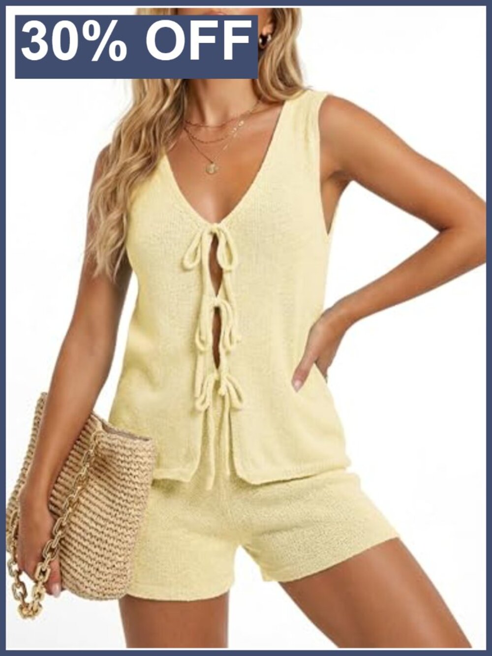 Womens 2 Piece Summer Lounge Set Sleeveless Tie Front Vest Top Knit Shorts